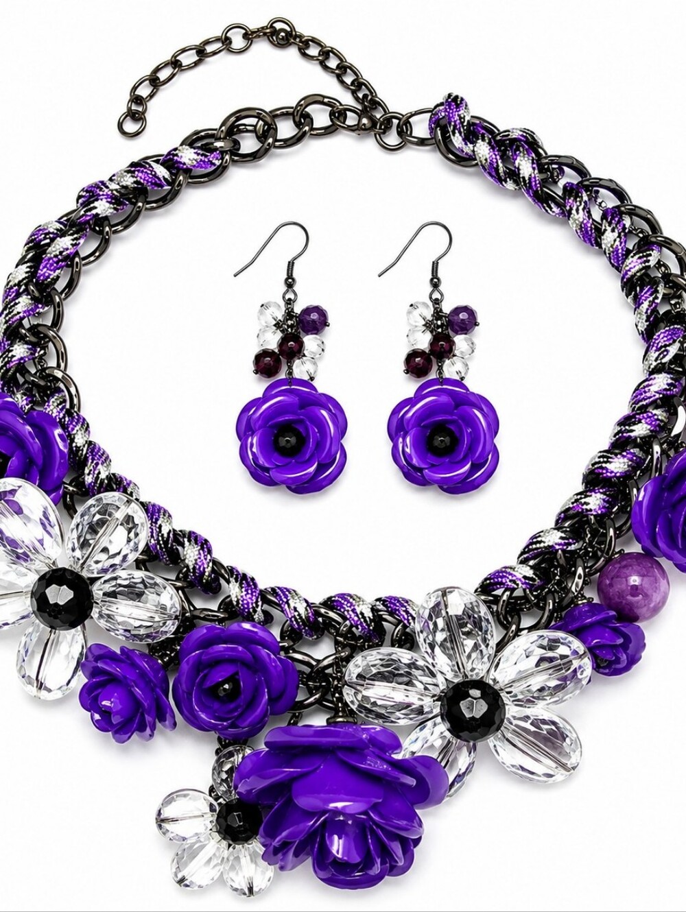 NWT Purple Lucite Floral Statement Necklace & Leverback Earrings‎ Set - Picture 3 of 3